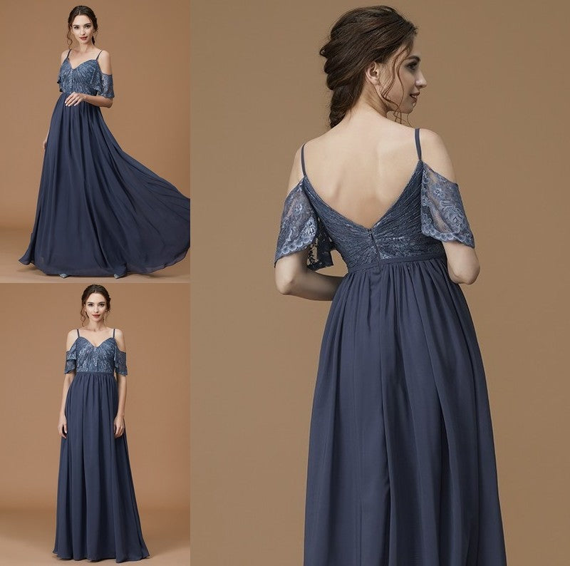 Sleeveless Lace Floor-Length Straps A-Line/Princess Spaghetti Chiffon Bridesmaid Dresses