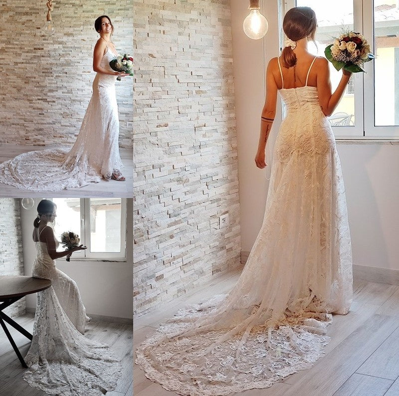 Spaghetti Court Lace Applique Sleeveless Straps Sheath/Column Train Wedding Dresses