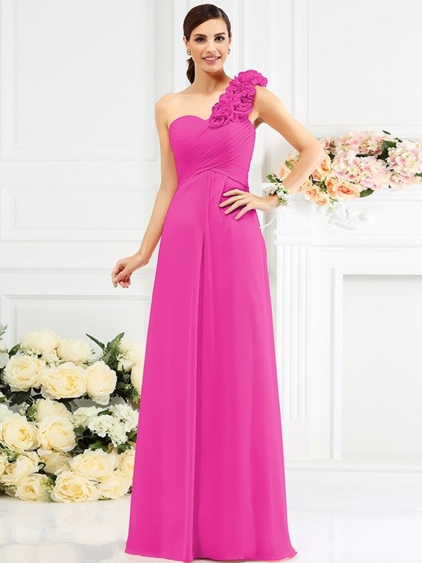 Hand-Made One-Shoulder A-Line/Princess Sleeveless Long Flower Chiffon Bridesmaid Dresses