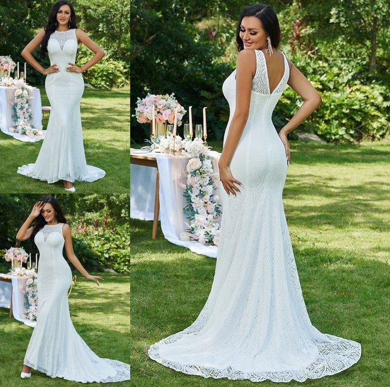 Ruffles Sleeveless Lace Trumpet/Mermaid Scoop Sweep/Brush Train Wedding Dresses