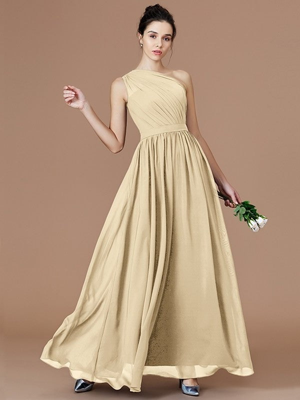 One-Shoulder Sleeveless A-Line/Princess Ruched Floor-Length Chiffon Bridesmaid Dresses