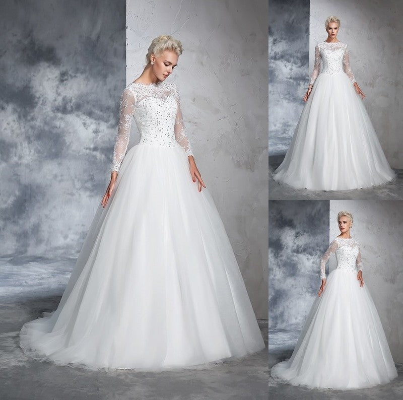 Ball Sleeves Long Bateau Gown Lace Long Net Wedding Dresses