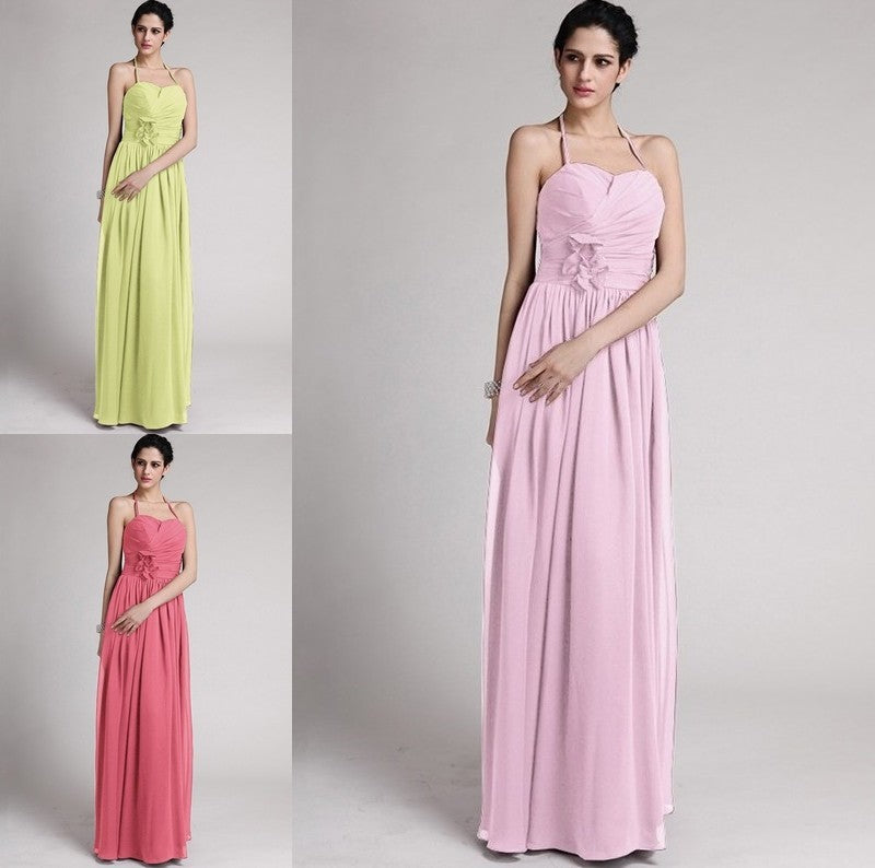 Long Hand-Made Flower Sleeveless Sheath/Column Halter Chiffon Bridesmaid Dresses