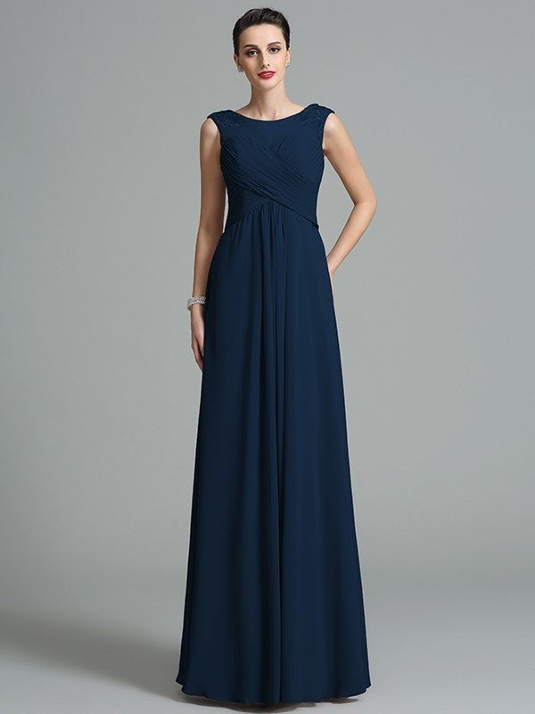 Long Sleeveless A-Line/Princess Ruched Scoop Chiffon Bridesmaid Dresses