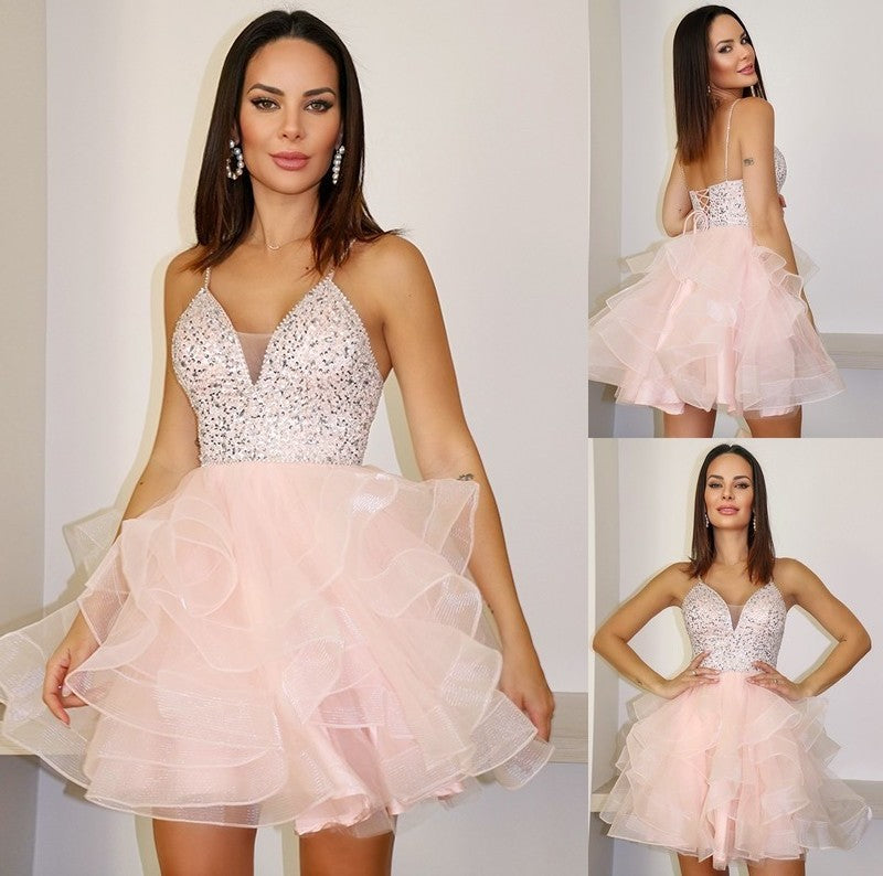 Organza Spaghetti Straps Sleeveless A-Line/Princess Beading Short/Mini Homecoming Dresses