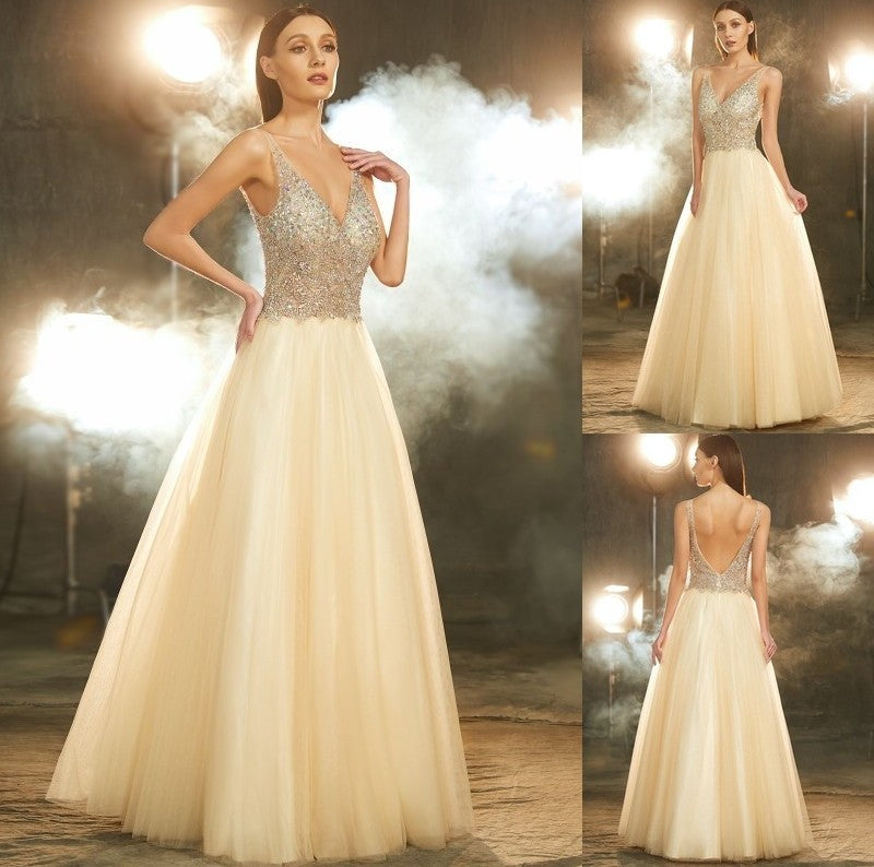 Ball Gown V-neck Sleeveless Beading Floor-length Tulle Dresses