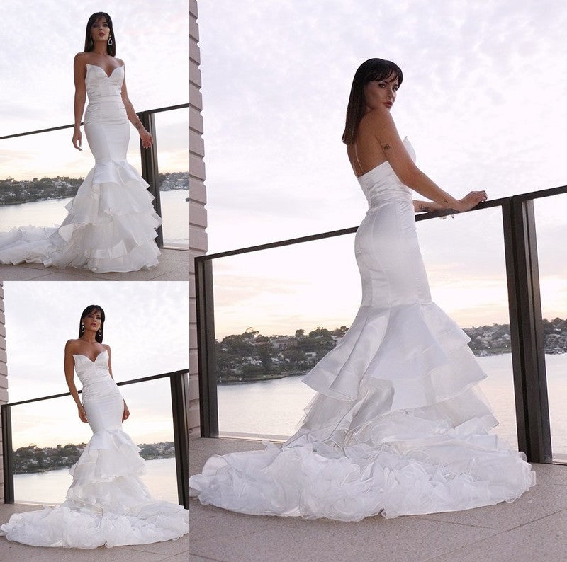 Sweetheart Satin Trumpet/Mermaid Sweep/Brush Sleeveless Layers Train Wedding Dresses