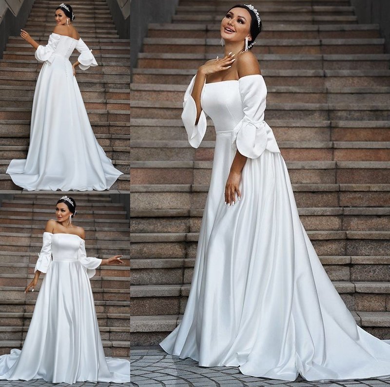 Charmeuse Off-the-Shoulder Ruffles A-Line/Princess 3/4 Sweep/Brush Sleeves Train Wedding Dresses