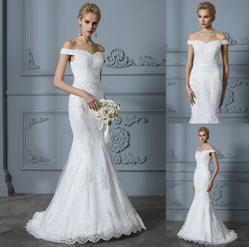 Trumpet/Mermaid Sleeveless Off-the-Shoulder Train Lace Sweep/Brush Tulle Wedding Dresses