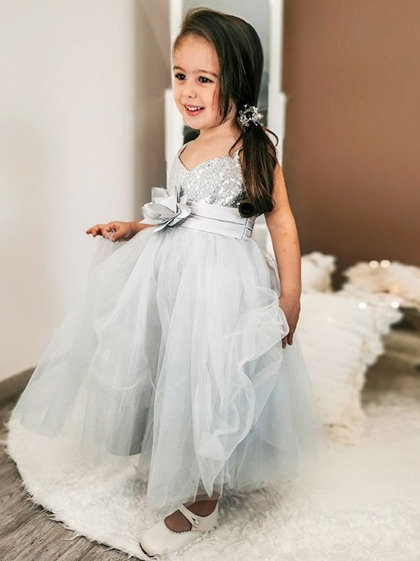 A-Line/Princess Sequin Tea-Length Spaghetti Tulle Sleeveless Straps Flower Girl Dresses