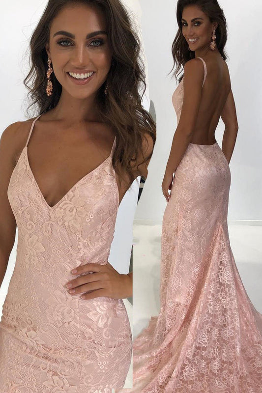 Pearl Pink V-Neck Lace Amazing Mermaid Long Backless Prom Dresses