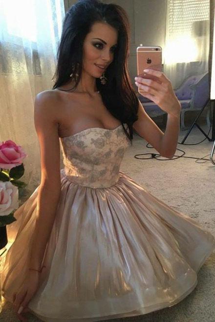 A-Line Sweetheart Cute Short Prom Dress Organza Above Knee Homecoming Dress with Lace JS708