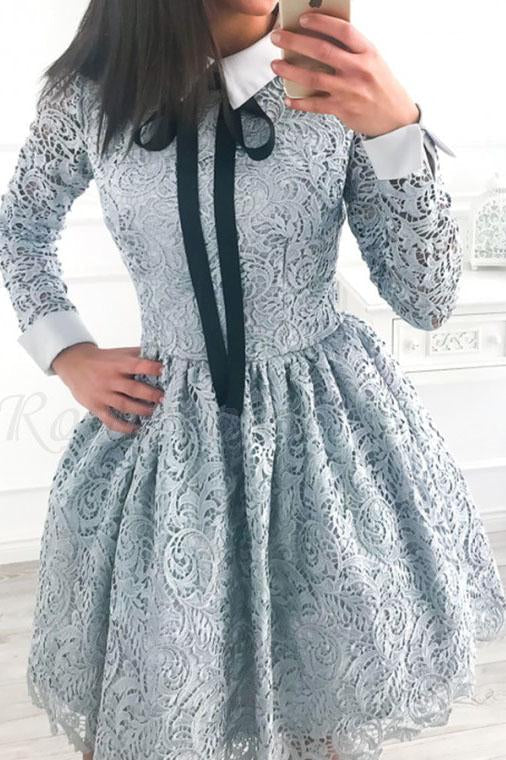 A-Line Crew Long Sleeves Above Knee Grey Lace Short Homecoming Dresses JS19