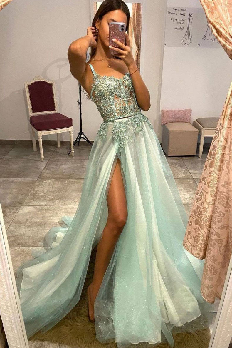 Mint Green Tulle Lace A Line Appliques Long Prom Dresses