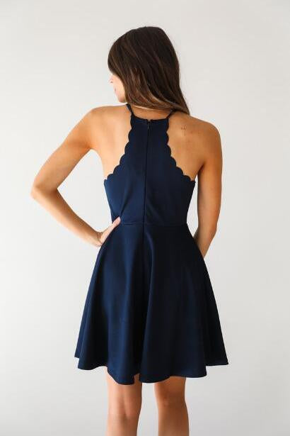 A Line Dark Navy Cute Halter High Neck Satin Short Homecoming Dress JS267