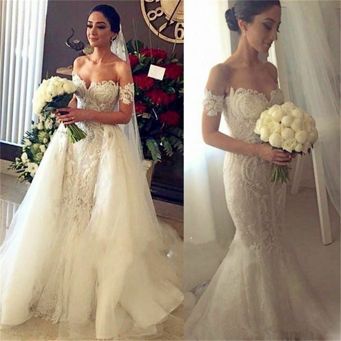 Mermaid Off The Shoulder Tulle With Applique Wedding Dresses Court Train Detachable