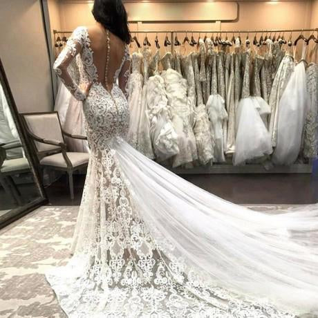 Romantic Appliques Lace Mermaid Ivory Long Sleeve Wedding Dresses