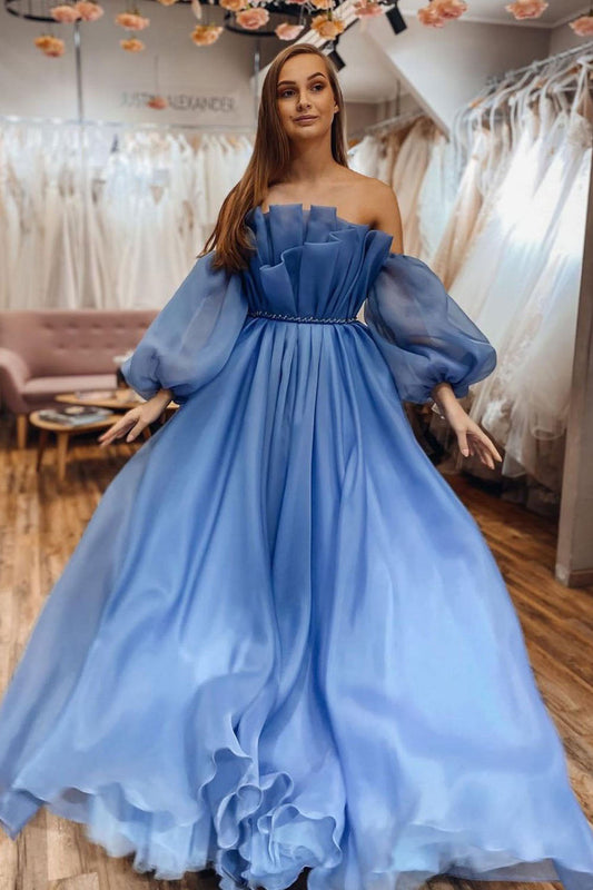 A Line Formal Evening Dresses Blue Organza Long Sleeves Strapless Prom Dresses