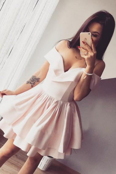 A-Line Off-the-Shoulder V-Neck Ruffles Short Pink Mini Satin Homecoming Dress JS279