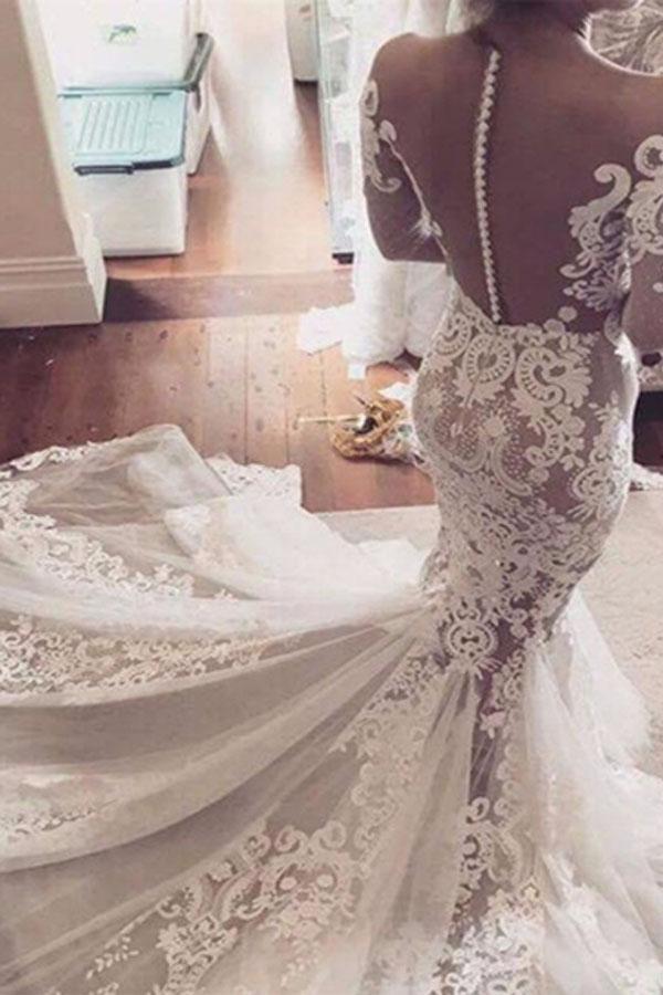 Lace Appliques Mermaid Long Sleeves Chapel Train Wedding Dress JS295