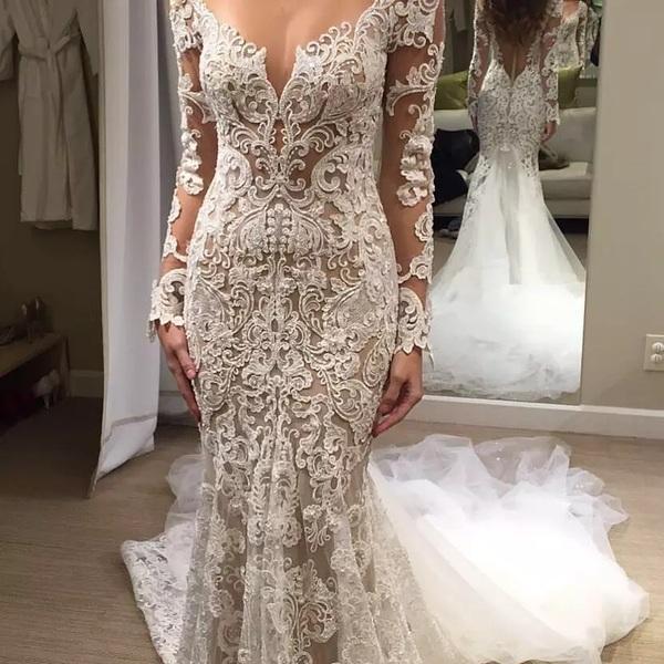 Mermaid V Neck Illusion Back Long Sleeves Ivory Tulle Court Train Wedding Dress with Lace