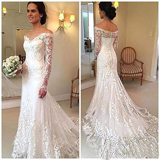 Off the Shoulder Lace Long Sleeve Mermaid V Neck Covered Button Wedding Dresses JS330