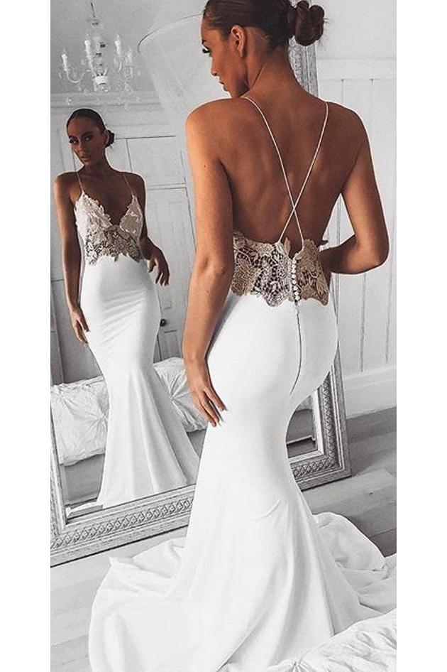 Sexy Spaghetti Straps Mermaid Beach Wedding Dresses, Long Prom Dress with Lace