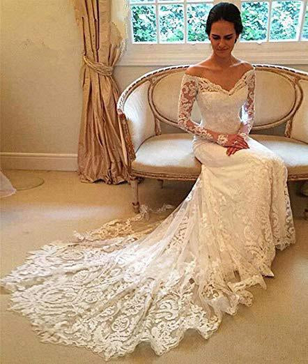 Off the Shoulder Lace Long Sleeve Mermaid V Neck Covered Button Wedding Dresses JS330