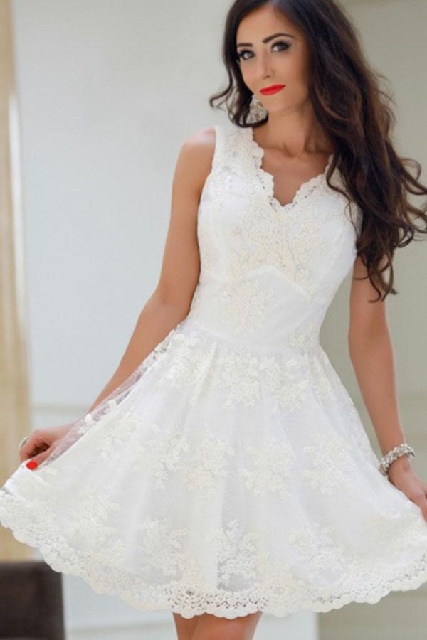 A-Line V-Neck White Tulle Short Prom Dresses Cute Lace Appliques Homecoming Dress JS719