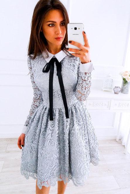 A-Line Crew Long Sleeves Above Knee Grey Lace Short Homecoming Dresses JS19