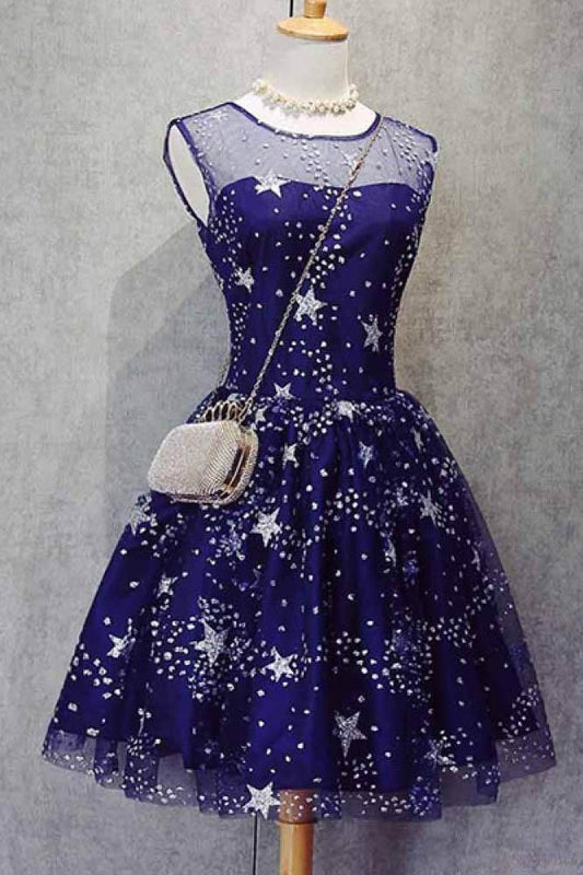 A Line Knee Length Beading Royal Blue Homecoming Dresses Short Bling Prom Dresses JS627