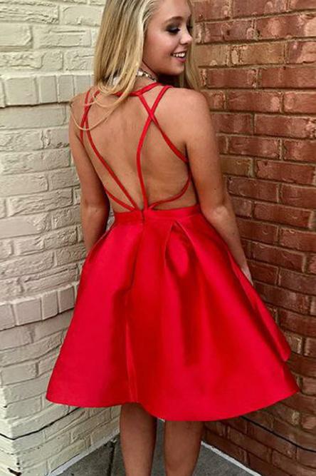 A-Line V-Neck Open Back Short Mini Red Satin Knee Length Homecoming Dresses JS662