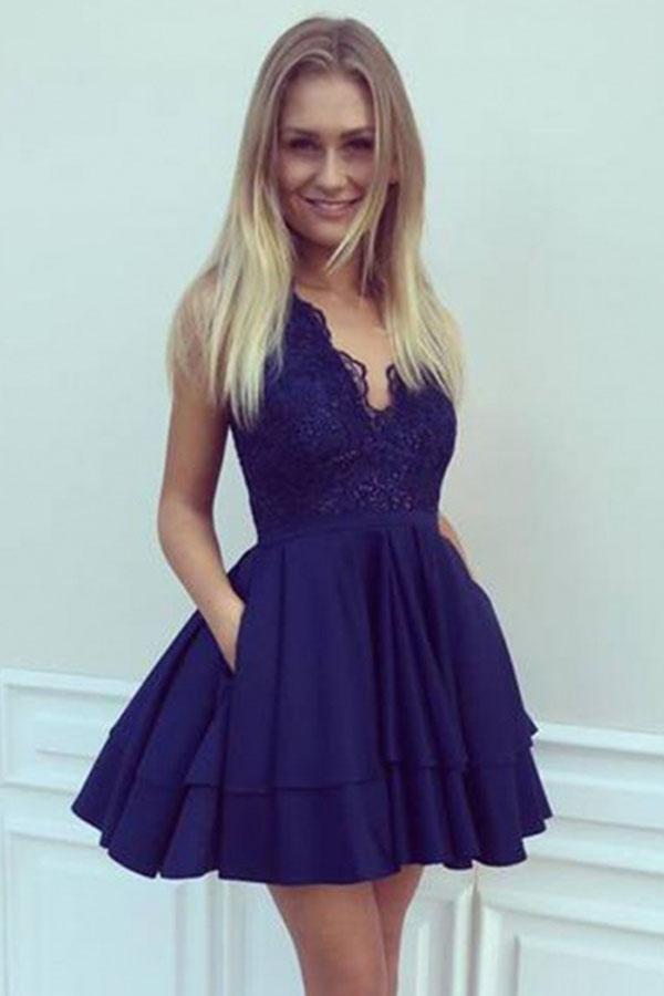 A-Line V Neck Short Navy Blue Satin Homecoming Dresses with Lace Sequins Pockets JS709